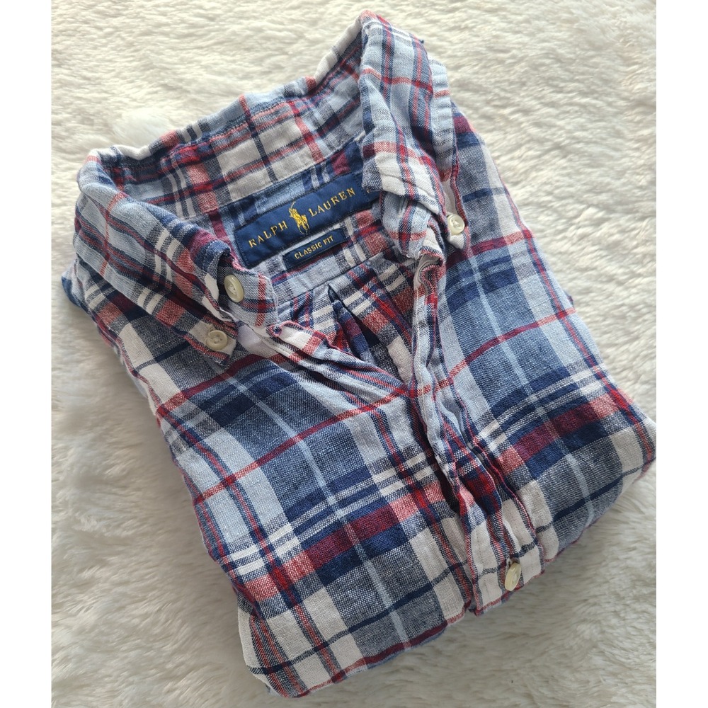 Ralph Lauren Classic Fit Linen Plaid Shirt Mens Small Blue Red 710709079001